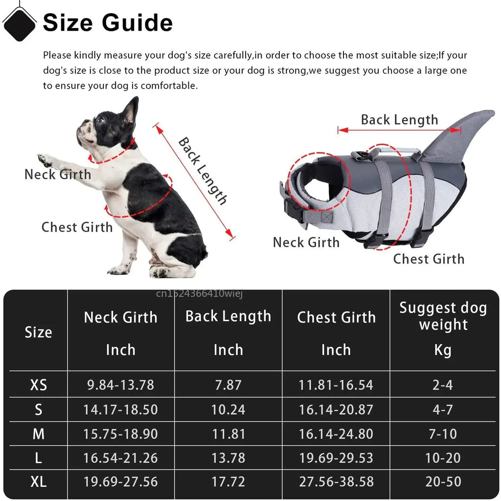 Flytevest hund hai-design størrelseguide