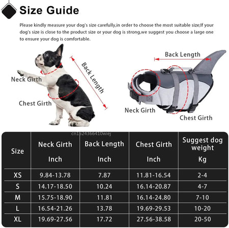 Flytevest hund hai-design størrelseguide